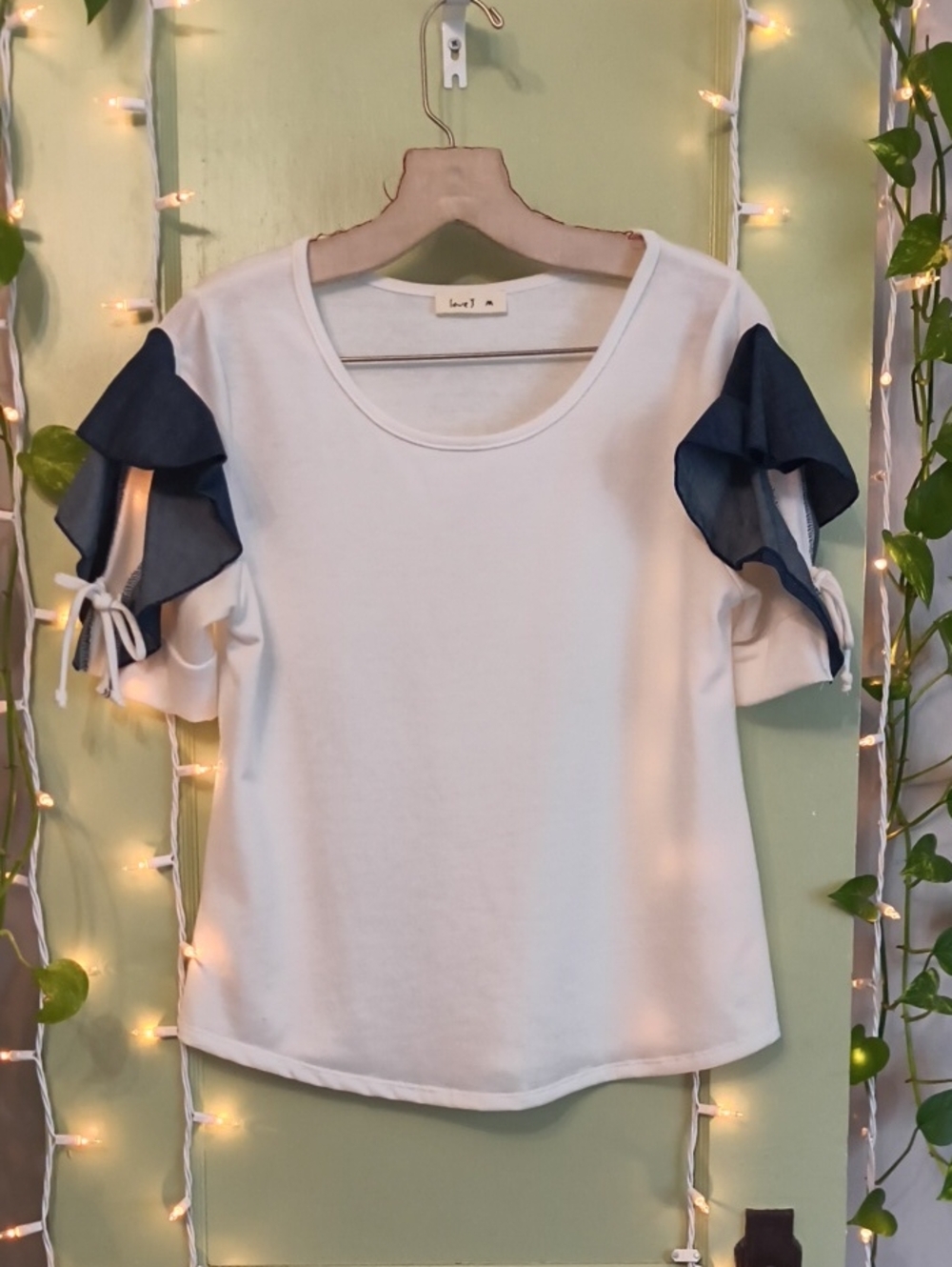 Women's Love J White Blue Denim Butterfly Sleeve Top M